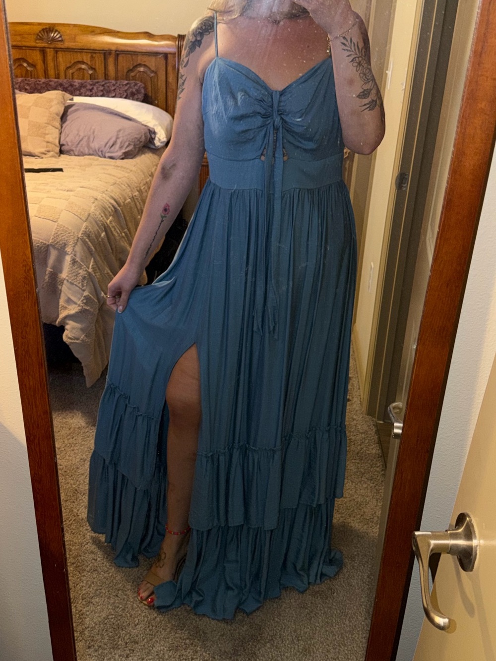 Impressions Teal Blue Tiered Maxi Dress with Front Slit